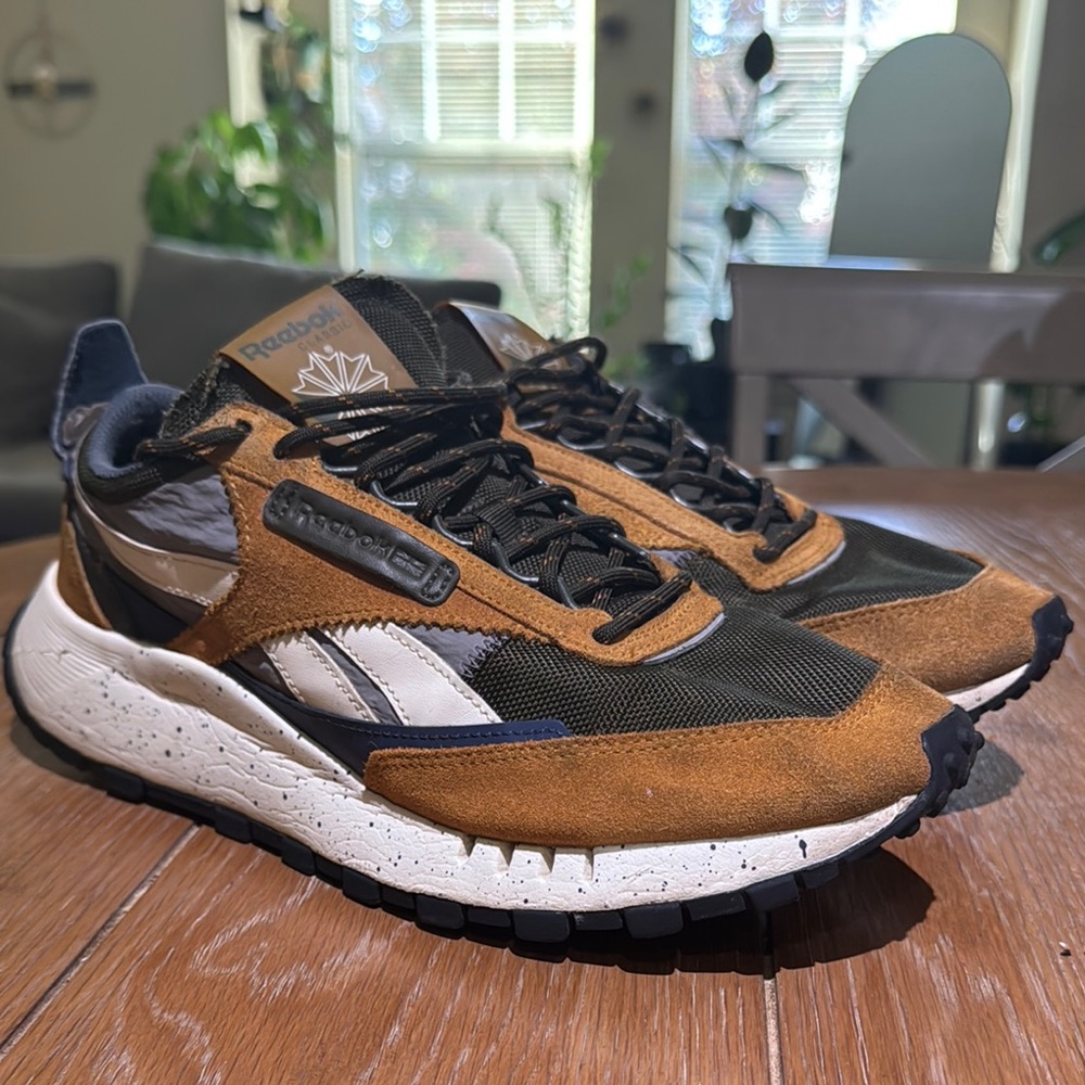 Reebok Tan and Black Athletic Shoes with White Highlights